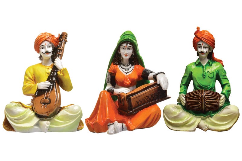 Karigaari India Handcrafted Polyresine Set of 3 Rajasthani Musicians Showpiece Multicolour Ethnic Figurine Decorative Traditional Art Statue for Home Living Room Office Festive Gifting Decor - Image 2