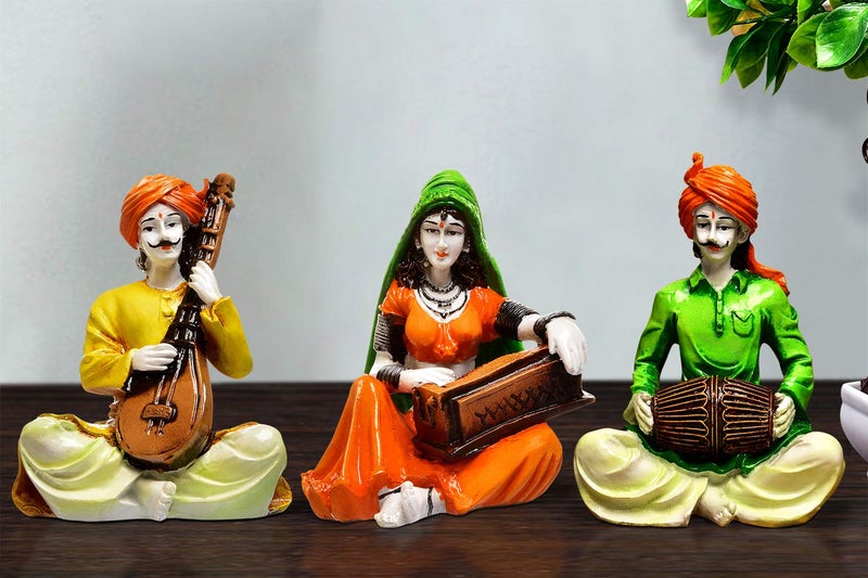 Karigaari India Handcrafted Polyresine Set of 3 Rajasthani Musicians Showpiece Multicolour Ethnic Figurine Decorative Traditional Art Statue for Home Living Room Office Festive Gifting Decor - Image 1
