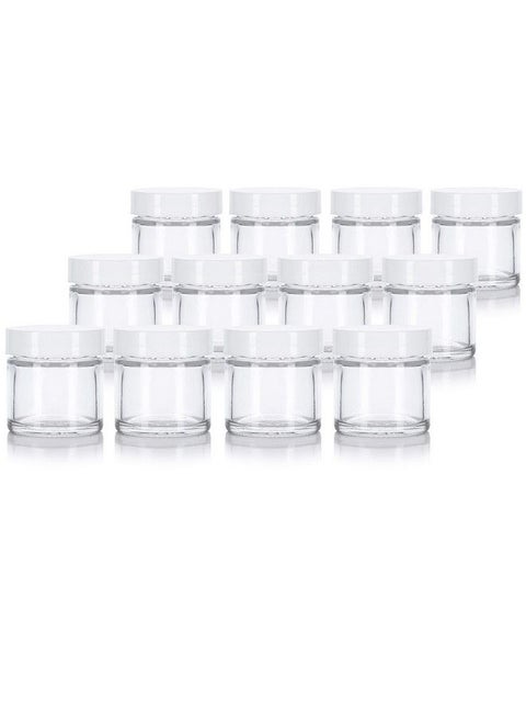 Clear Glass Straight Sided Jar With White Smooth Lined Lids 1 Oz / 30 Ml (12 Pack)