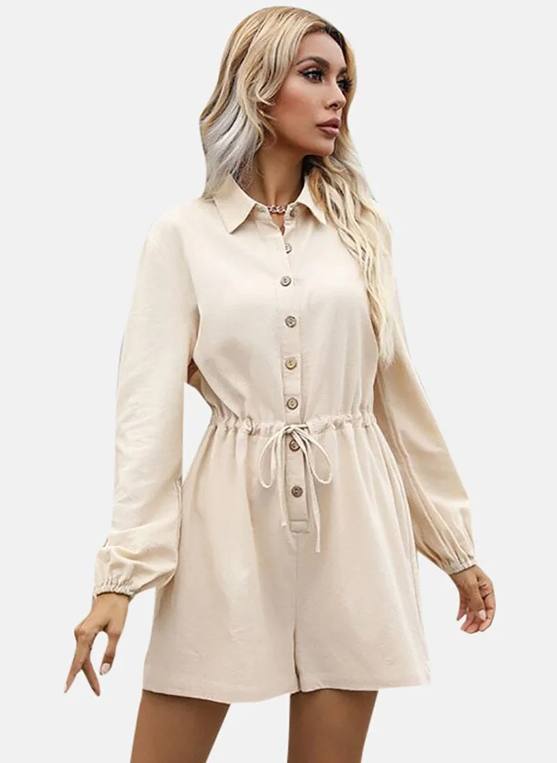 يونيكي Beige Solid Relaxed Fit Collared JumpSuit