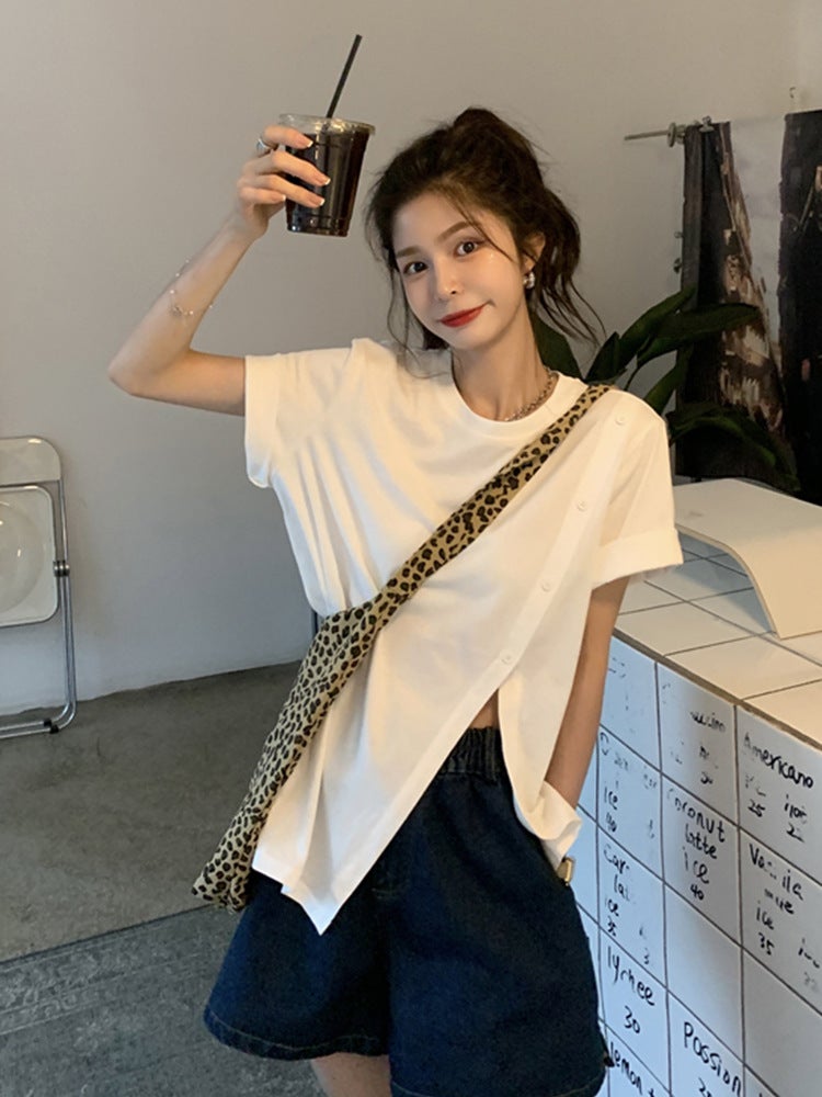 Slit T-Shirt For Women, Summer Short-Sleeve, Stylish Design, Irregular Harajuku Style, Loose Fit, Trendy Internet Celebrity Student Top - Image 3