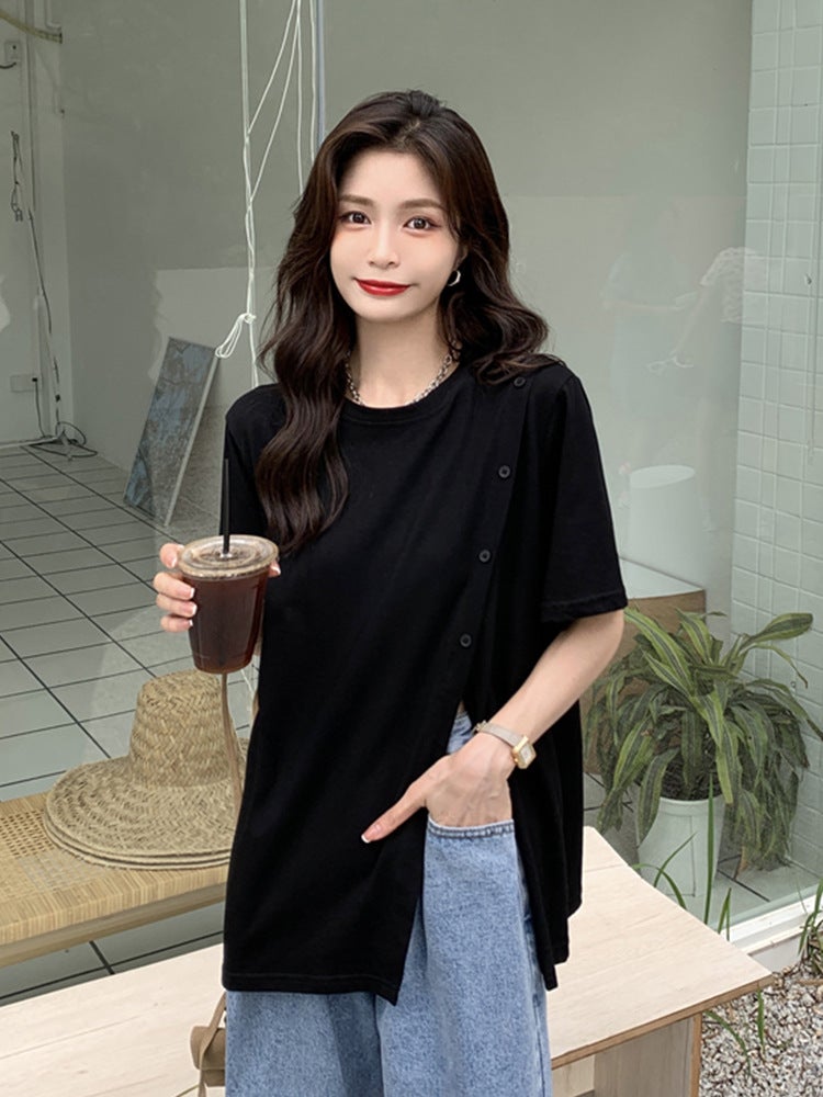 Slit T-Shirt For Women, Summer Short-Sleeve, Stylish Design, Irregular Harajuku Style, Loose Fit, Trendy Internet Celebrity Student Top - Image 5