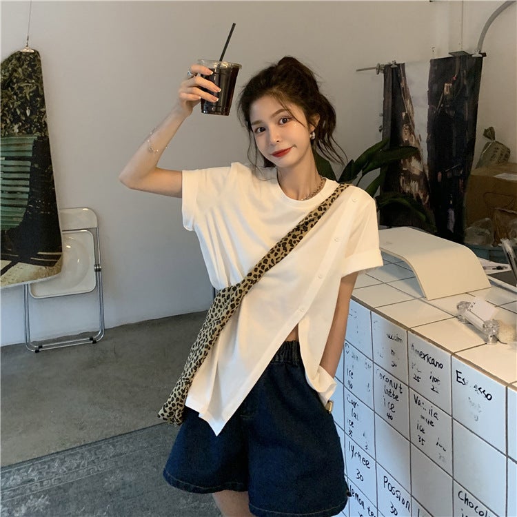Slit T-Shirt For Women, Summer Short-Sleeve, Stylish Design, Irregular Harajuku Style, Loose Fit, Trendy Internet Celebrity Student Top - Image 1