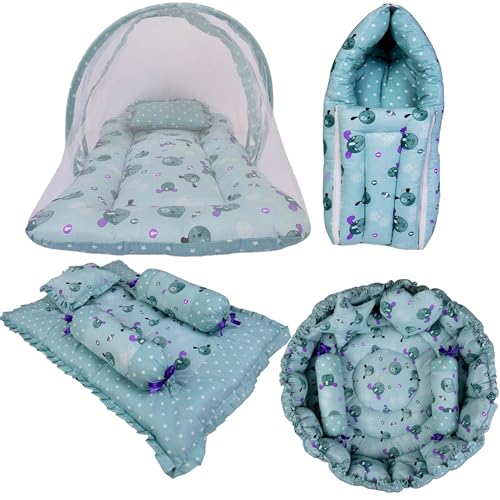Kwitchy Baby Bedding Set New Born Baby Bed | Mattress | Mosquito Net | Gadda Set | Bed | Gift Pack | Boys & Girls (0-6 Months) Green (4PCS Set) - Image 1