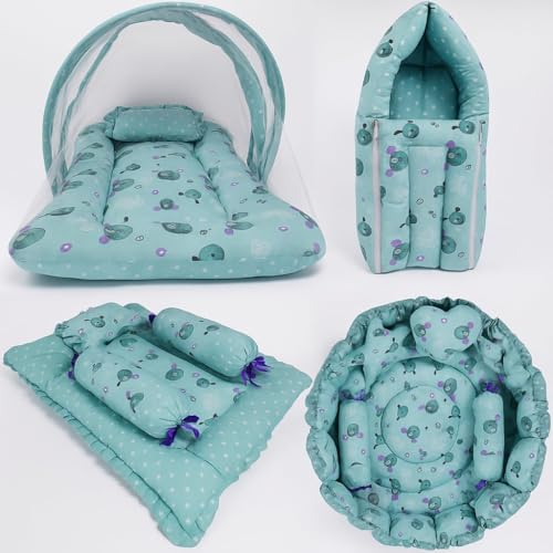 Kwitchy Baby Bedding Set New Born Baby Bed | Mattress | Mosquito Net | Gadda Set | Bed | Gift Pack | Boys & Girls (0-6 Months) Green (4PCS Set) - Image 2