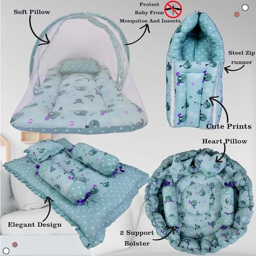 Kwitchy Baby Bedding Set New Born Baby Bed | Mattress | Mosquito Net | Gadda Set | Bed | Gift Pack | Boys & Girls (0-6 Months) Green (4PCS Set) - Image 3
