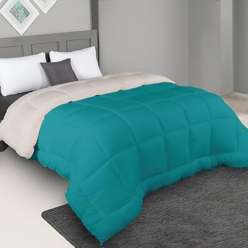 bien LIVING Plush Reversible Microfiber Comforter Double Bed | 220 GSM Wadding | 110 GSM Peached Extra Soft Microfiber Fabric,All Weather Comforter Double Bed (90 X 100 Inches) Aqua Blue + Egg nog - Image 1