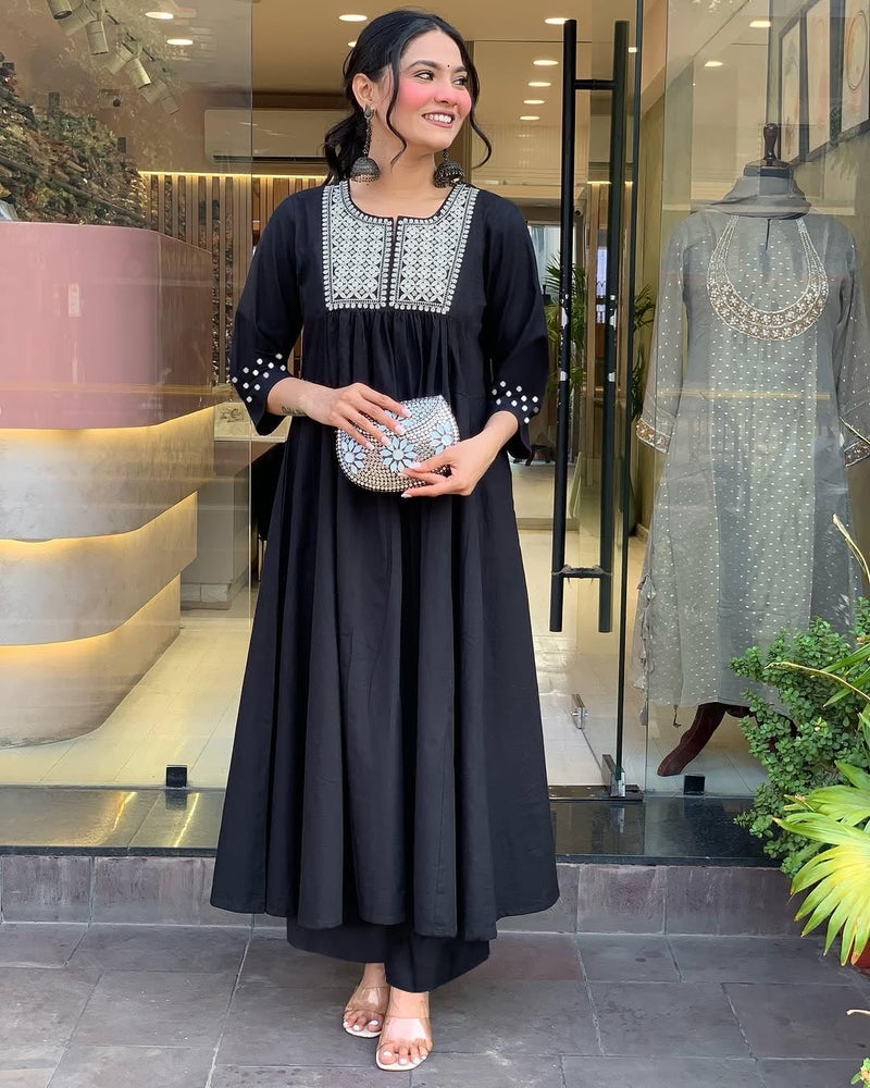 Toochki Kurti Set for Women | Anarkali Fit & Flared Kurtas for Women's | Cotton Kurtis for Woman | Kurta with Palazzo| Ethnic Salwar Suits Sets Black - Image 4