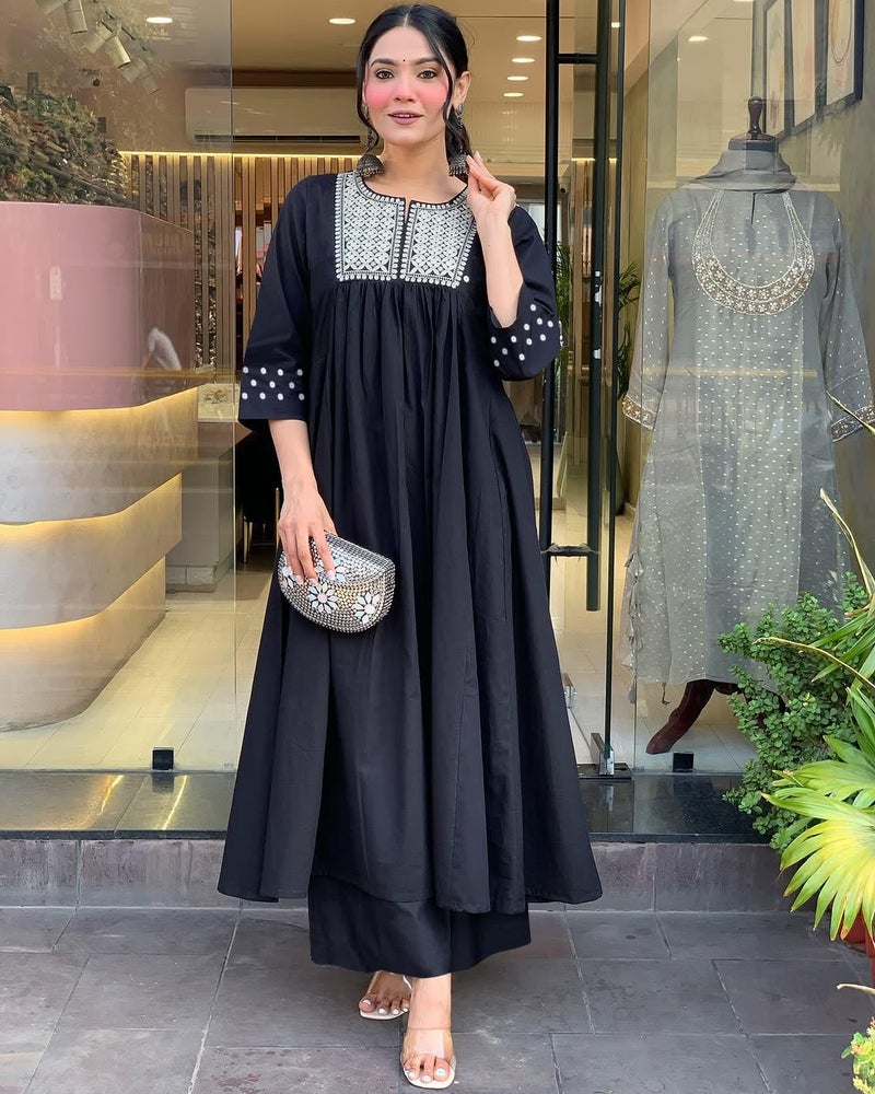 Toochki Kurti Set for Women | Anarkali Fit & Flared Kurtas for Women's | Cotton Kurtis for Woman | Kurta with Palazzo| Ethnic Salwar Suits Sets Black - Image 5