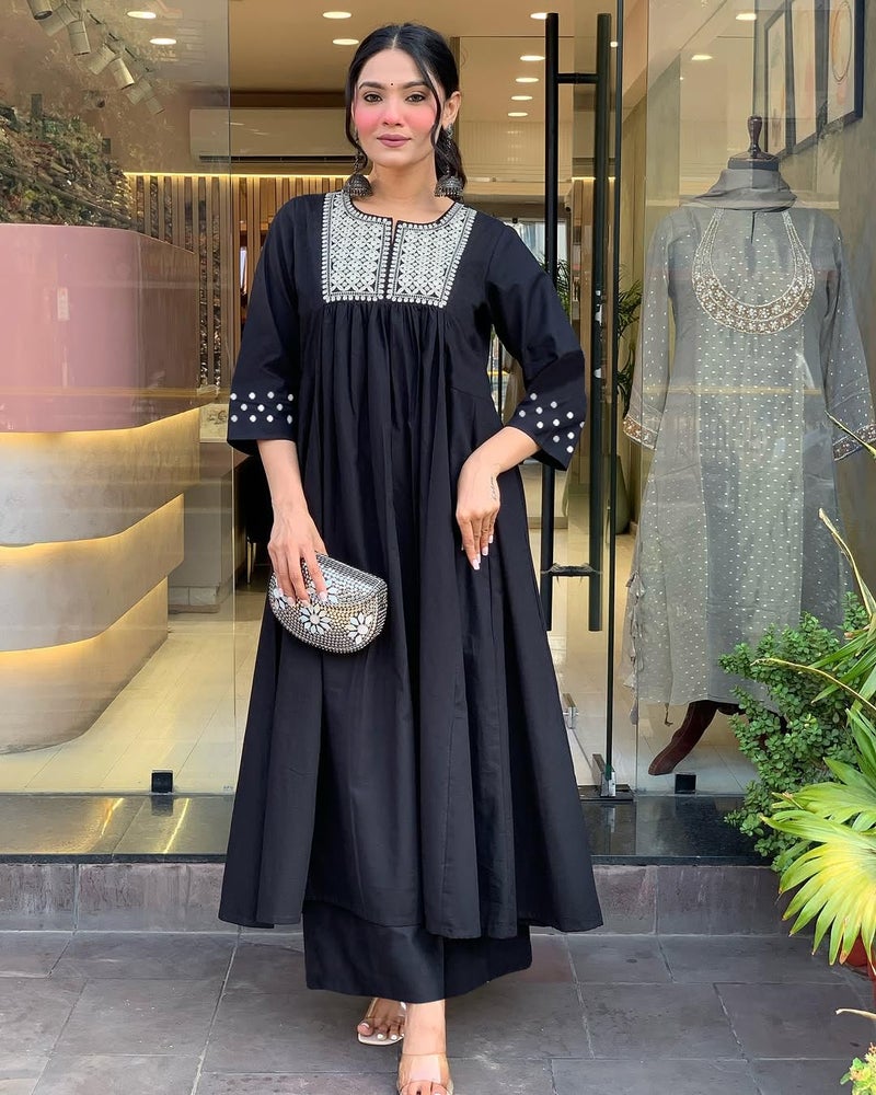 Toochki Kurti Set for Women | Anarkali Fit & Flared Kurtas for Women's | Cotton Kurtis for Woman | Kurta with Palazzo| Ethnic Salwar Suits Sets Black - Image 3
