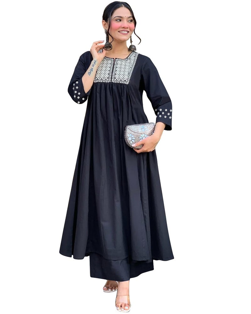 Toochki Kurti Set for Women | Anarkali Fit & Flared Kurtas for Women's | Cotton Kurtis for Woman | Kurta with Palazzo| Ethnic Salwar Suits Sets Black - Image 1