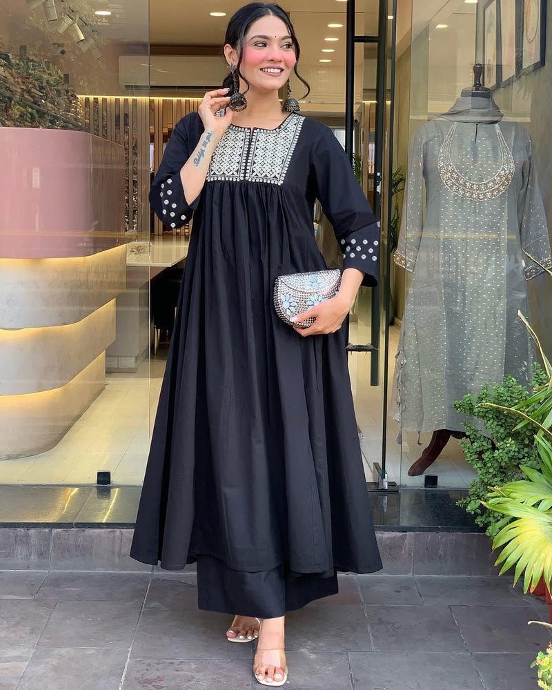 Toochki Kurti Set for Women | Anarkali Fit & Flared Kurtas for Women's | Cotton Kurtis for Woman | Kurta with Palazzo| Ethnic Salwar Suits Sets Black - Image 2