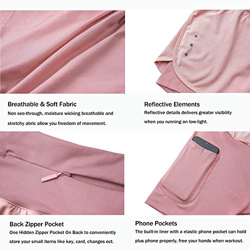 Ksmien Women's 2 in 1 Running Shorts - Lightweight Athletic Workout Gym Yoga Shorts Liner with Phone Pockets Pink - Image 4