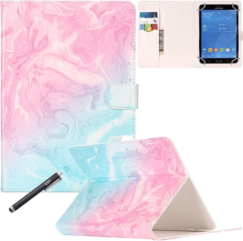نيو شاين غلاف عالمي مقاس 8.0 بوصة، غلاف فوليو من جلد PU من مع حامل وفتحات بطاقات لـ Galaxy Tab 3، Tab 4، Note 8.0 / iPad Mini 1، 2، 3 / Amazon Kindle Fire HD، Fire HDX والمزيد مقاس 8.0 بوصة - أزرق ووردي - Image 1