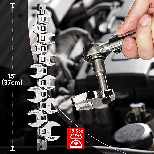 SHALL 3/8" Crows Foot Wrench Set, 11-Piece Metric Crowfoot Wrench Set with Clip-on Organizer, 10-22mm, Tools for Mechanics, Access Fasteners in Tight Spaces - Image 5