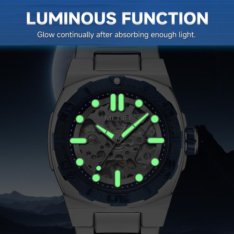 MEGIR Men's Automatic Watch with Mechanical Movement & Exhibition Back, 40mm Alloy Case, Mineral Crystal, Stainless Steel Butterfly Clasp Band, Luminous Hands, 3ATM Water Resistant,Stylish Gift (blue) - Image 5