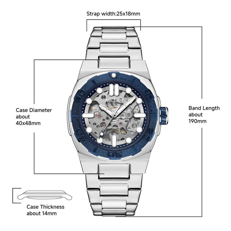 MEGIR Men's Automatic Watch with Mechanical Movement & Exhibition Back, 40mm Alloy Case, Mineral Crystal, Stainless Steel Butterfly Clasp Band, Luminous Hands, 3ATM Water Resistant,Stylish Gift (blue) - Image 3