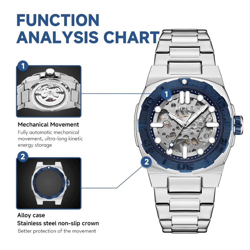 MEGIR Men's Automatic Watch with Mechanical Movement & Exhibition Back, 40mm Alloy Case, Mineral Crystal, Stainless Steel Butterfly Clasp Band, Luminous Hands, 3ATM Water Resistant,Stylish Gift (blue) - Image 4