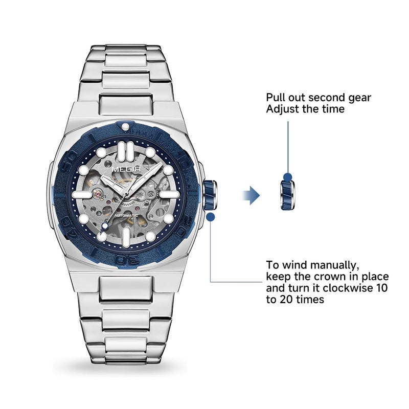 MEGIR Men's Automatic Watch with Mechanical Movement & Exhibition Back, 40mm Alloy Case, Mineral Crystal, Stainless Steel Butterfly Clasp Band, Luminous Hands, 3ATM Water Resistant,Stylish Gift (blue) - Image 2