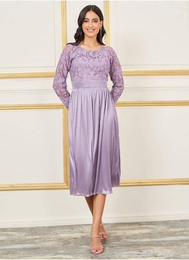 Styli Lace Detail Satin Plisse A-Line Midi Dress  - Image 2