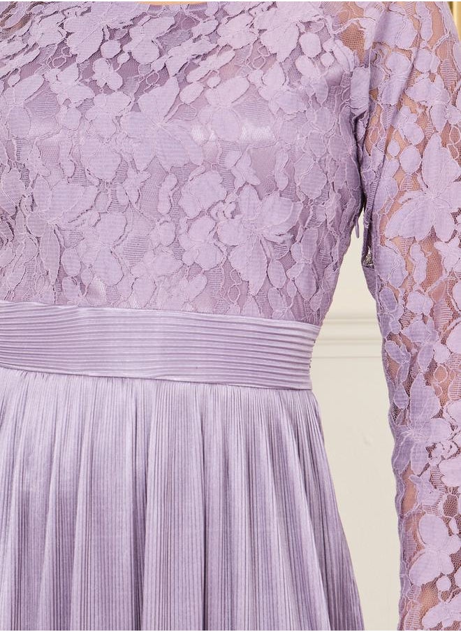 Styli Lace Detail Satin Plisse A-Line Midi Dress  - Image 3