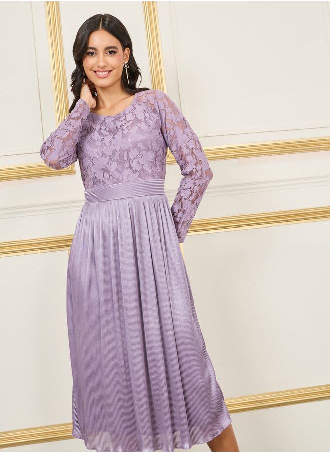 Styli Lace Detail Satin Plisse A-Line Midi Dress  - Image 1