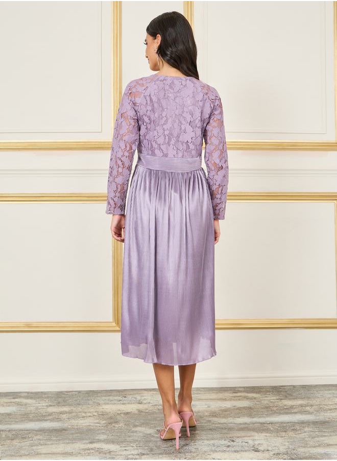 Styli Lace Detail Satin Plisse A-Line Midi Dress  - Image 4