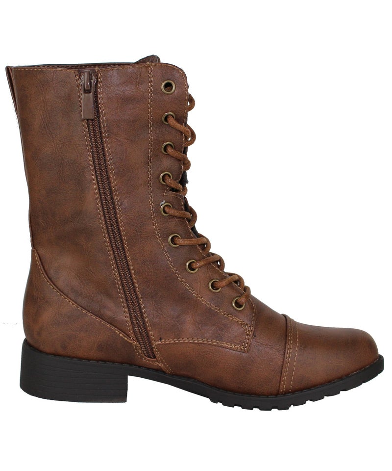 Forever Link Womens Mango Round Toe Military Lace up Knit Ankle Cuff Low Heel Combat Boots Brown 7 B(M) US - Image 2