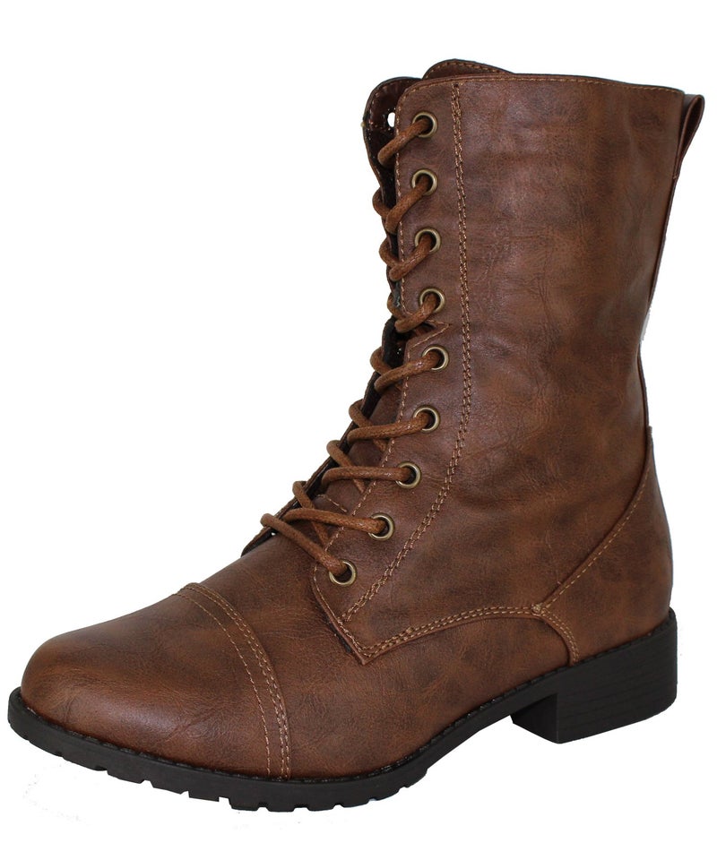 Forever Link Womens Mango Round Toe Military Lace up Knit Ankle Cuff Low Heel Combat Boots Brown 7 B(M) US - Image 1