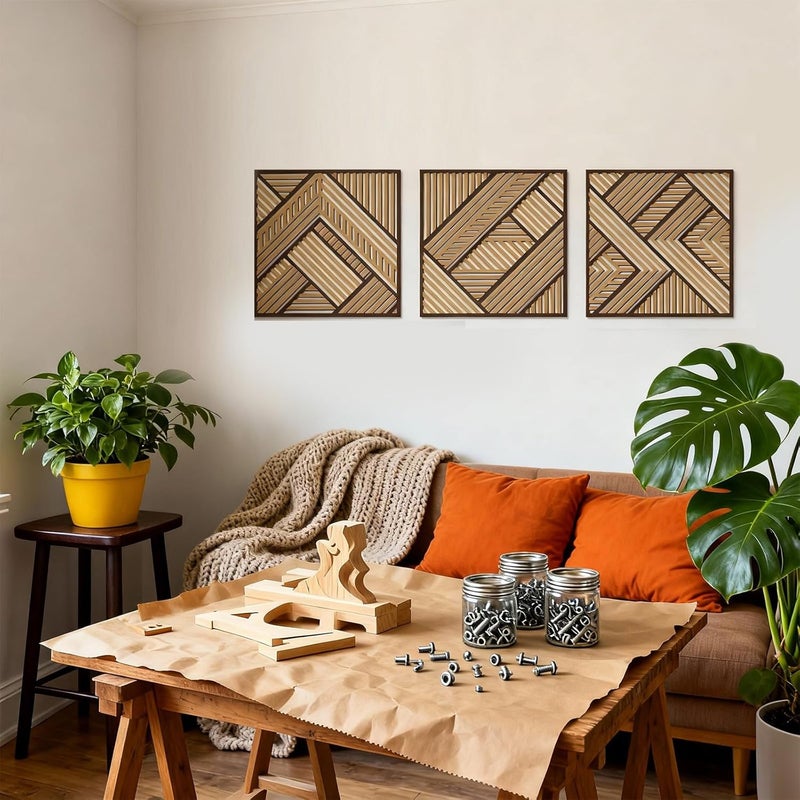Tatuo 3 Pcs Geometric Wood Wall Art, Modern Slatted Wood Design Wall Decor, Hanging Abstract Panels Wall Decor with 3D Hollow Craft Art for Home Office Kitchen Living Room Bathroom (Simple Geometry) - Image 5