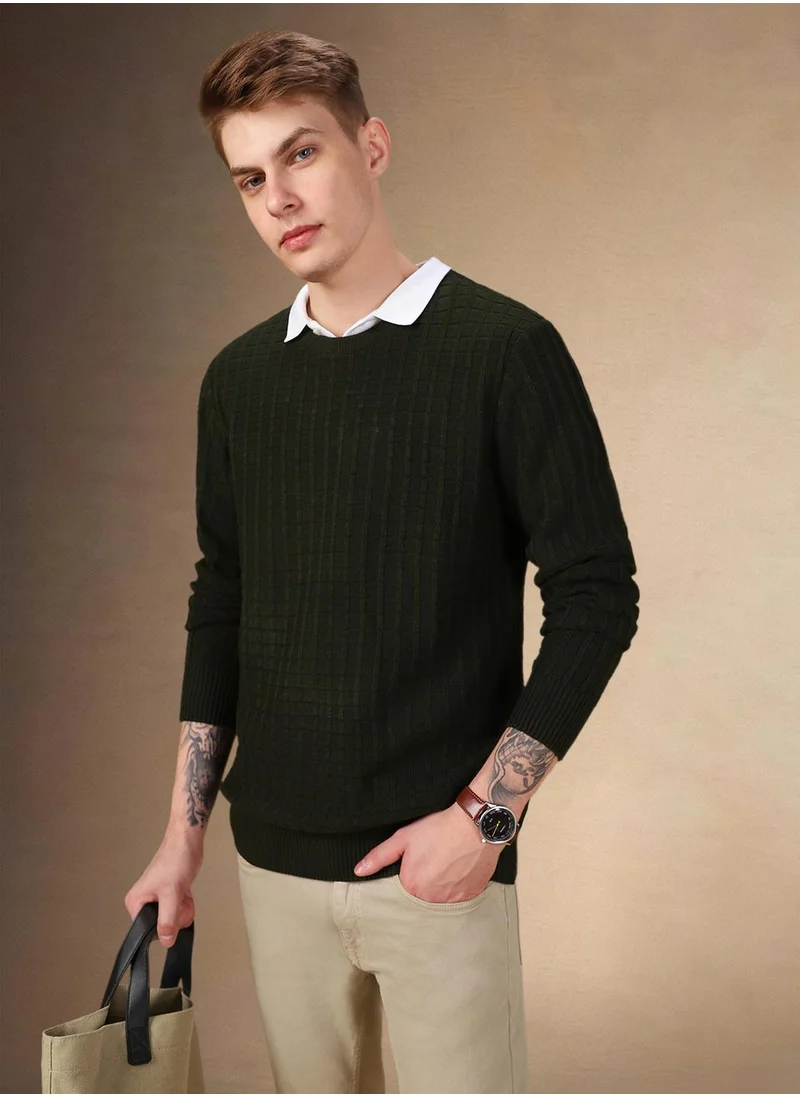 دينيس لينغو Men's Dark Green 100% Acrylic Solid Regular Fit Sweater