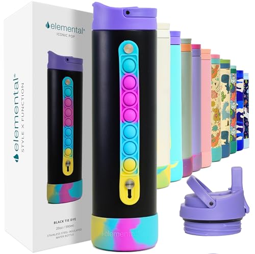 Elemental Iconic Kids Water Bottle with Straw Lid  Stress Reliever Pop It Handle LeakProof When Closed Triple Insulated Stainless Steel Reusable Thermos Water Bottle 20oz  Black Tie Dye