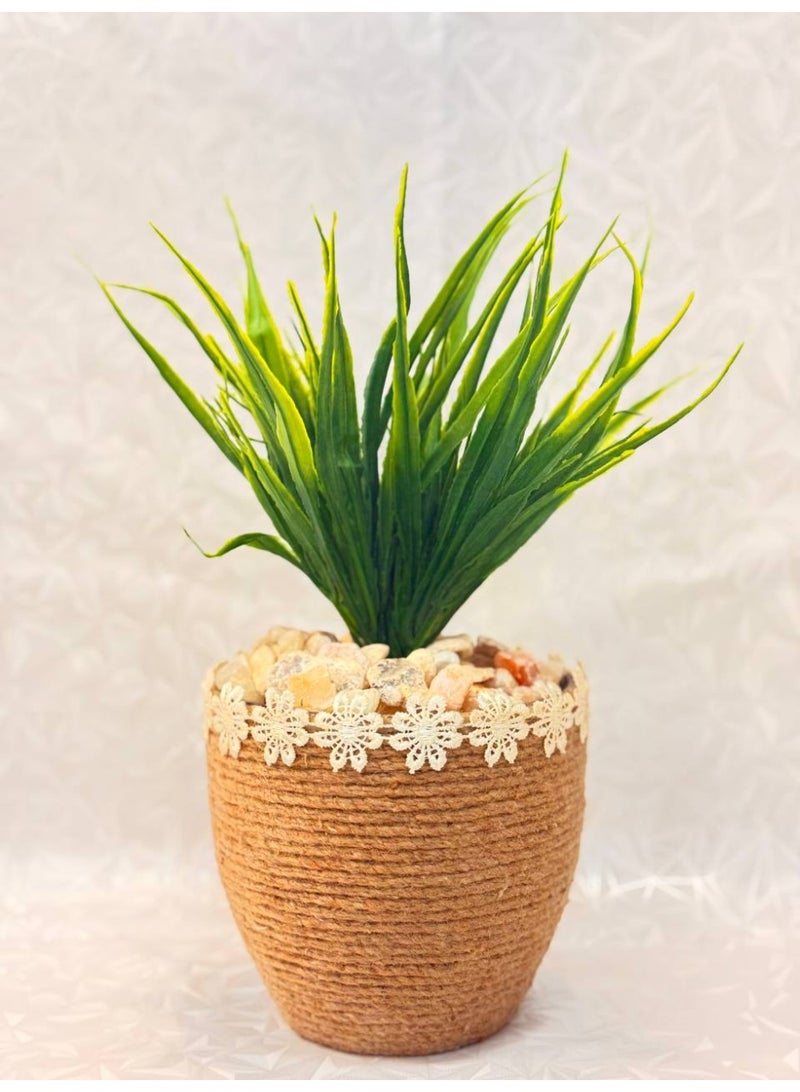 NAMA A Charming, Small Artificial Plant Perfect For Decorating Desks, Windowsills, Or Small Shelves. The Plant Features Long, Spiky Leaves In A Bright Green Color With Yellowish-Green Tips, Giving It A Fresh And Lively Look.