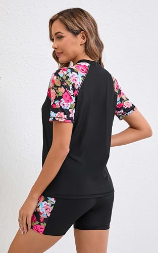 Halcurt Women's Two Piece Rash Guard with Boyshorts Padded Swim Shirts and Shorts Black L - Image 2