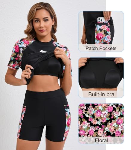 Halcurt Women's Two Piece Rash Guard with Boyshorts Padded Swim Shirts and Shorts Black L - Image 5