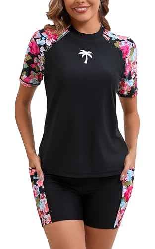 Halcurt Women's Two Piece Rash Guard with Boyshorts Padded Swim Shirts and Shorts Black L - Image 1