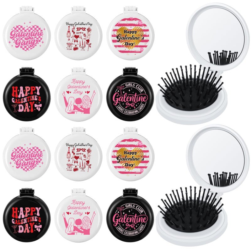 Meanplan 12 Pcs Happy Galentine's Day Gifts for Women 2.6 x 2.6 Inch Heart Mini Portable Pocket Folding Hairbrush Mirror Valentine's Day Gifts for Ladies Celebrating Friendship Galentine's Party - Image 1