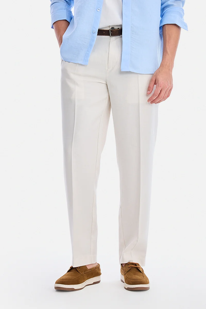 SNITCH Off-White Textured Regular Fit Vacation Trousers