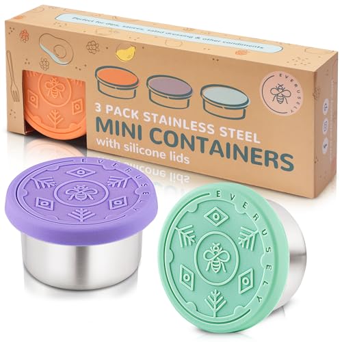 Everusely Condiment Cups 3 Pack 17 oz 50 ml Bright Stainless Steel Condiment Containers with Lids Reusable Salad Dressing Container To Go Sauce Dip Cup for Lunchbox Meal Prep