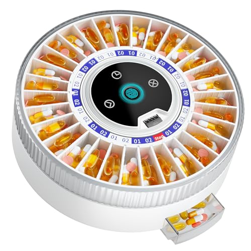 Windtrace Bluetooth Automatic Pill Dispenser for Elderly with Alarm Smart Pill Dispenser with 31Slot Fingerprint Mechanical Dual Lock Medication Dispenser Timed Dispenser Machine for Elderly
