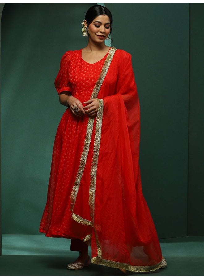 AKS Red Printed Kurta And Trousers With Dupatta - Image 1