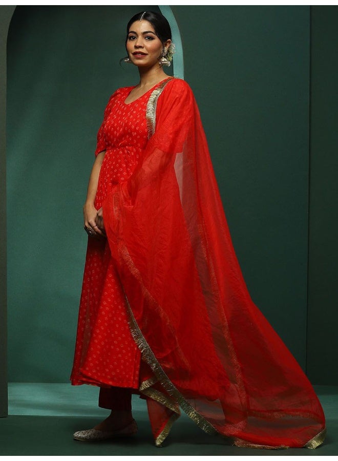 AKS Red Printed Kurta And Trousers With Dupatta - Image 4