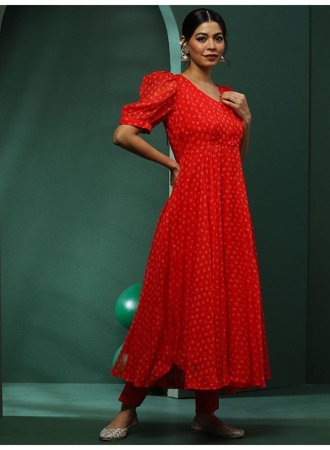 AKS Red Printed Kurta And Trousers With Dupatta - Image 5