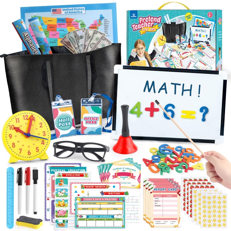 wookidel Pretend Play Teacher Set for Kids with Numbers Bell Whiteboard Learning Clock Over 40 Pieces Included Pretend Set Toys Gift for Kids Age 5 6 7 8 - Image 4