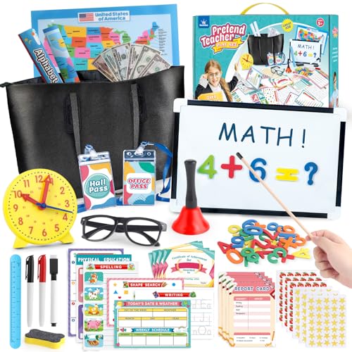 wookidel Pretend Play Teacher Set for Kids with Numbers Bell Whiteboard Learning Clock Over 40 Pieces Included Pretend Set Toys Gift for Kids Age 5 6 7 8 - Image 1