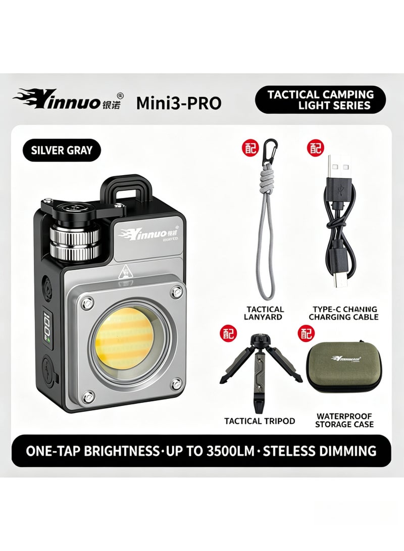 Mini3-PRO 3500LM Mini Tactical Camping Light, Stepless Dimmable LED Work Light, Type-C Rechargeable Portable Outdoor Flashlight Complete Kit with Tripod, Lanyard & Waterproof Storage Case