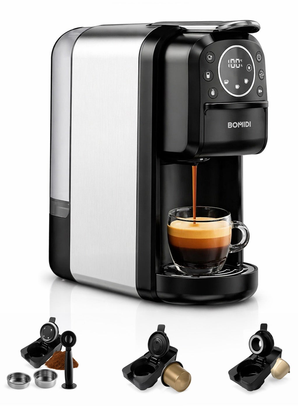 3-in-1 Capsule Coffee Machine – Compatible with Nespresso, Dolce Gusto, and Ground Coffee – 20 Bar High-Pressure Espresso Maker with Touch Control Panel, Self-Cleaning Function, LED Indicators, 700ML Removable Water Tank – CM01