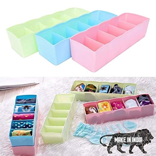 INKULTURE Plastic Socks Undergarments Innerwear Cosmetic Makeup Drawer Organiser Partition Grids Rack Storage Box, Multicolour, Large, 26x8x6.5 cm, Set of 2 - Image 1