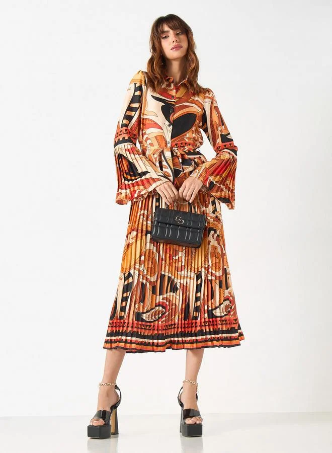 2Xtremz 2Xtremz All-Over Print Shirt Dress with Tie-Up Belt and Bell Sleeves
