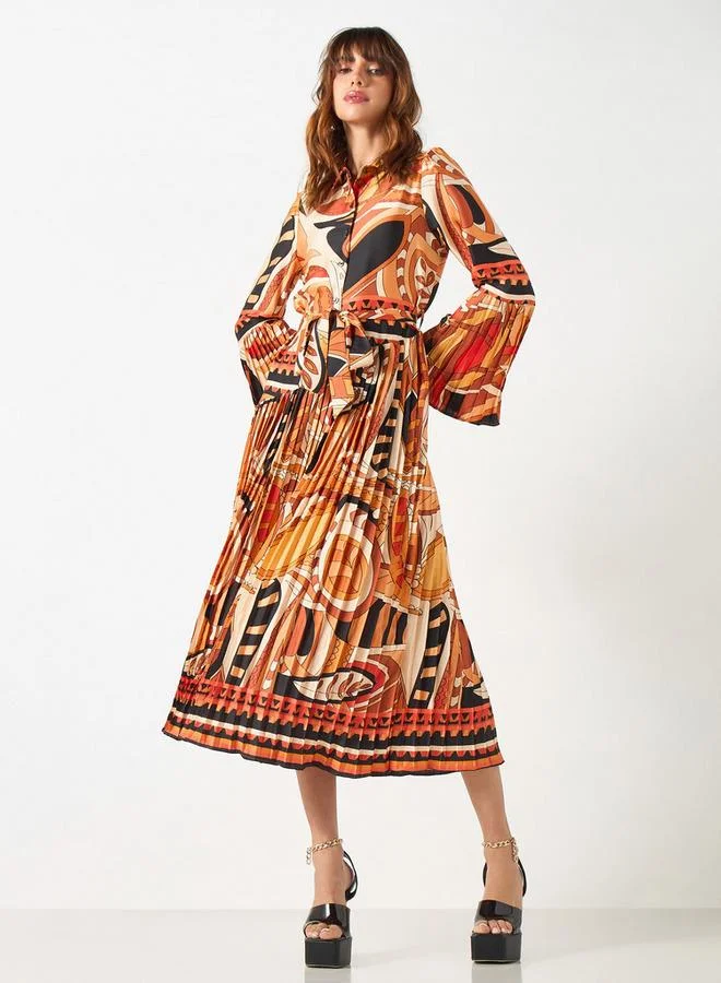 2Xtremz 2Xtremz All-Over Print Shirt Dress with Tie-Up Belt and Bell Sleeves